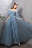 solvbao Blue Tulle Long Prom Dresses, Blue Tulle Bridesmaid Dresses