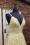 solvbao Yellow V-Neck Lace Long Prom Dress, A-Line Evening Dress