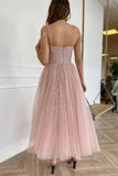 solvbao Pink Spaghetti Strap Tulle Tea Length Prom Dress, Pink A-Line Homecoming Dress