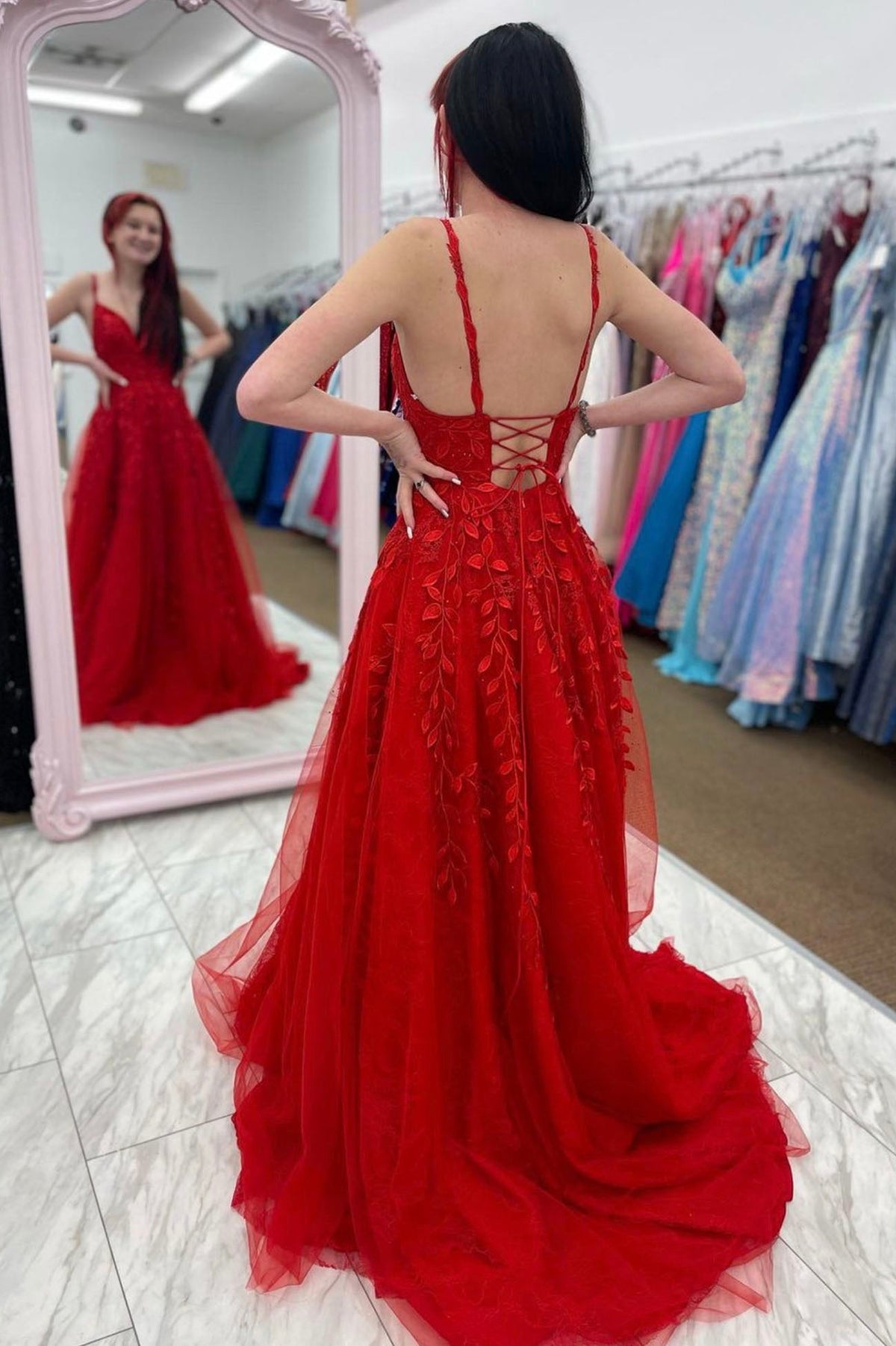 solvbao Red V-Neck Lace Long Prom Dress, Red A-Line Backless Evening Party Dress