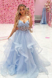 solvbao Blue Tulle Lace Long Prom Dresses, A-Line Blue Party Dresses