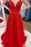 solvbao Red V-Neck Lace Long Prom Dress, Red A-Line Backless Evening Party Dress