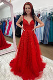 solvbao Red V-Neck Lace Long Prom Dress, Red A-Line Backless Evening Party Dress