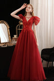 solvbao Burgundy Tulle Sequins Long Prom Dress, A-Line Evening Party Dress