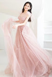 solvbao Pink Tulle Long A-Line Prom Dresses, Pink Evening Dresses