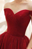 solvbao Burgundy Tulle Long Prom Dress, A-Line Off the Shoulder Evening Dress