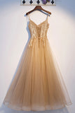 solvbao Yellow Tulle Lace Long Prom Dress, A-Line Lace Evening Dress