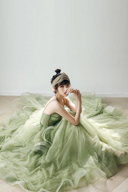 solvbao Green Tulle Long A-Line Evening Dress, Green Spaghetti Straps Prom Dress