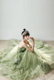 solvbao Green Tulle Long A-Line Evening Dress, Green Spaghetti Straps Prom Dress