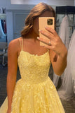 solvbao Yellow Lace Long A-Line Prom Dresses, Yellow Backless Evening Dresses