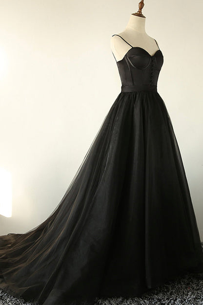 solvbao Black A-Line Spaghetti Strap Long Prom Dresses, Black Evening Dresses