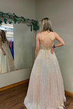 solvbao Champagne V-Neck Sequins Long Prom Dress, A-Line Backless Party Dress