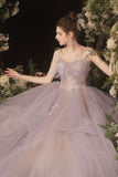 solvbao Purple Tulle Lace Long Prom Dresses, A-Line Evening Dress