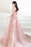 solvbao Pink Tulle Long A-Line Prom Dresses, Pink Evening Dresses