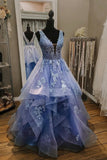 solvbao Blue V-Neck Tulle Lace Long Prom Dresses, A-Line Evening Dresses