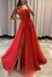 solvbao Red Spaghetti Lace Long Prom Dress, A-Line Evening Dress with Slit