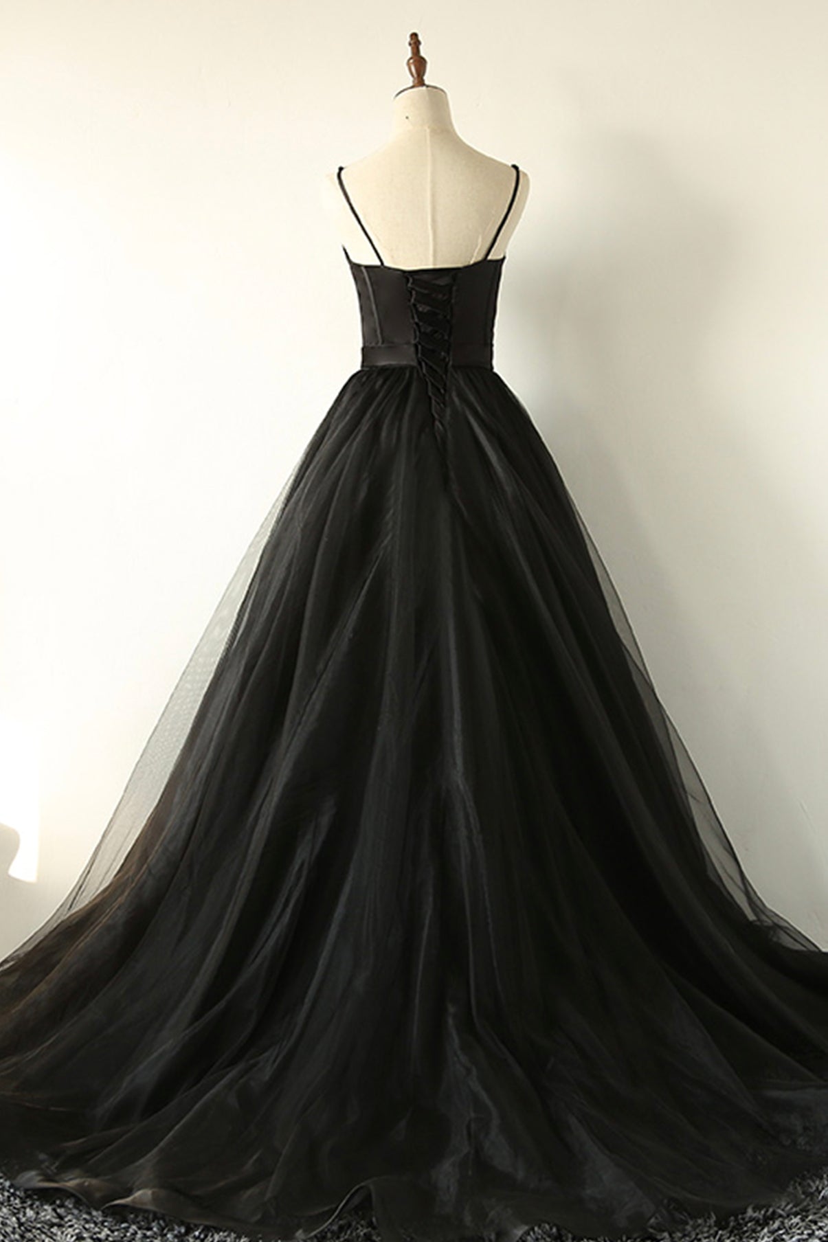 solvbao Black A-Line Spaghetti Strap Long Prom Dresses, Black Evening Dresses