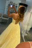 solvbao Yellow Lace Long A-Line Prom Dresses, Yellow Backless Evening Dresses