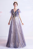 solvbao Purple V-Neck Tulle Sequins Long Prom Dresses, A-Line Evening Dresses