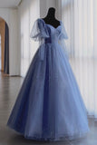 solvbao Blue Tulle Beading Long Prom Dresses, A-Line Evening Dresses