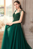 solvbao Green V-Neck Lace Long Prom Dresses, A-Line Evening Dresses