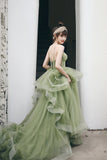 solvbao Green Tulle Long A-Line Evening Dress, Green Spaghetti Straps Prom Dress