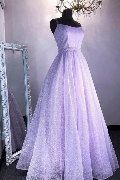 solvbao Cute Tulle Sequins Long Prom Dresses, A-Line Backless Evening Dresses