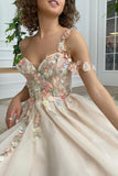 solvbao Champagne Tulle Lace Long Prom Dresses, A-Line Evening Dresses with Applique