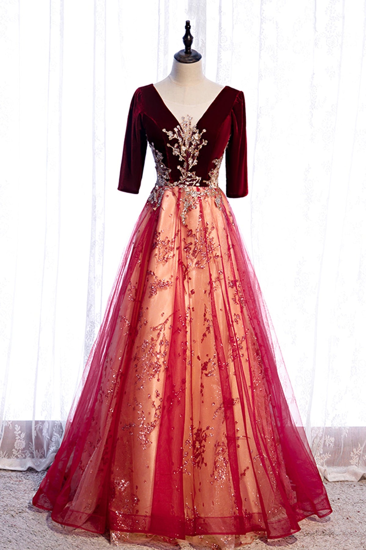 solvbao Burgundy Velvet Tulle Long Prom Dresses, Burgundy 1/2 Sleeve Evening Dresses