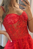 solvbao Red Spaghetti Lace Long Prom Dress, A-Line Evening Dress with Slit