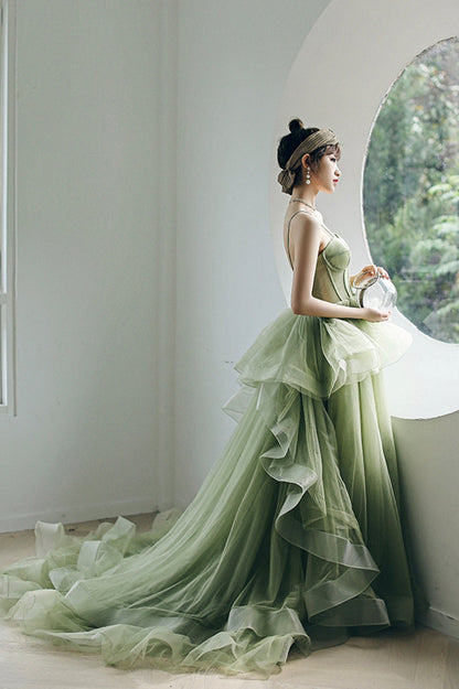 solvbao Green Tulle Long A-Line Evening Dress, Green Spaghetti Straps Prom Dress