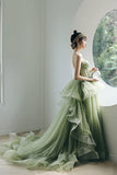 solvbao Green Tulle Long A-Line Evening Dress, Green Spaghetti Straps Prom Dress