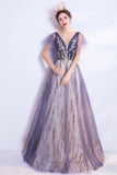 solvbao Purple V-Neck Tulle Sequins Long Prom Dresses, A-Line Evening Dresses