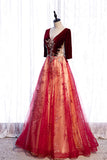 solvbao Burgundy Velvet Tulle Long Prom Dresses, Burgundy 1/2 Sleeve Evening Dresses