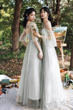 solvbao Gray Tulle Lace Long A-Line Prom Dresses, Gray Tulle Bridesmaid Dresses