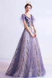 solvbao Purple V-Neck Tulle Sequins Long Prom Dresses, A-Line Evening Dresses