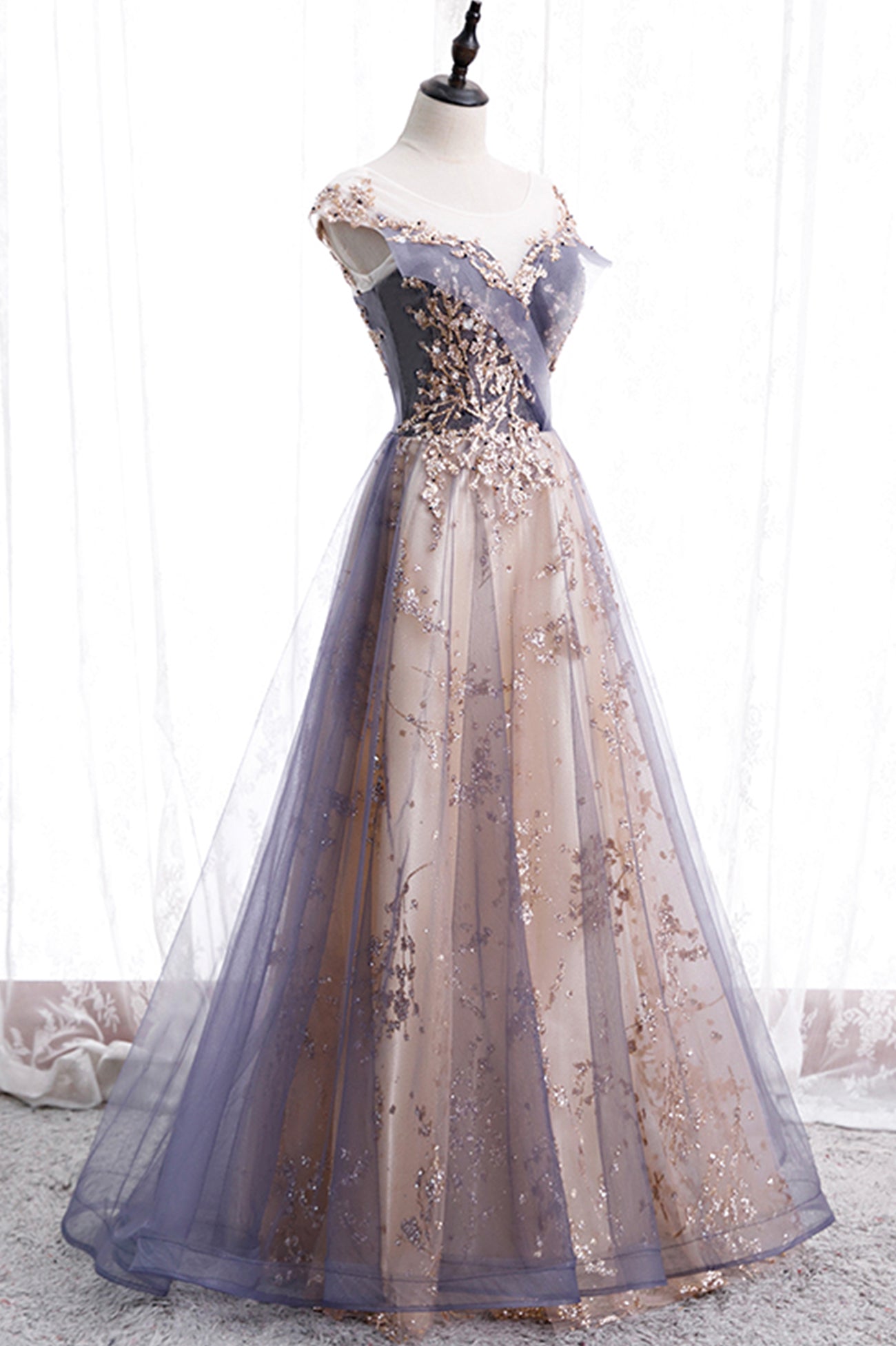 solvbao Cute Tulle Sequins Long Prom Dresses, A-Line Evening Dresses