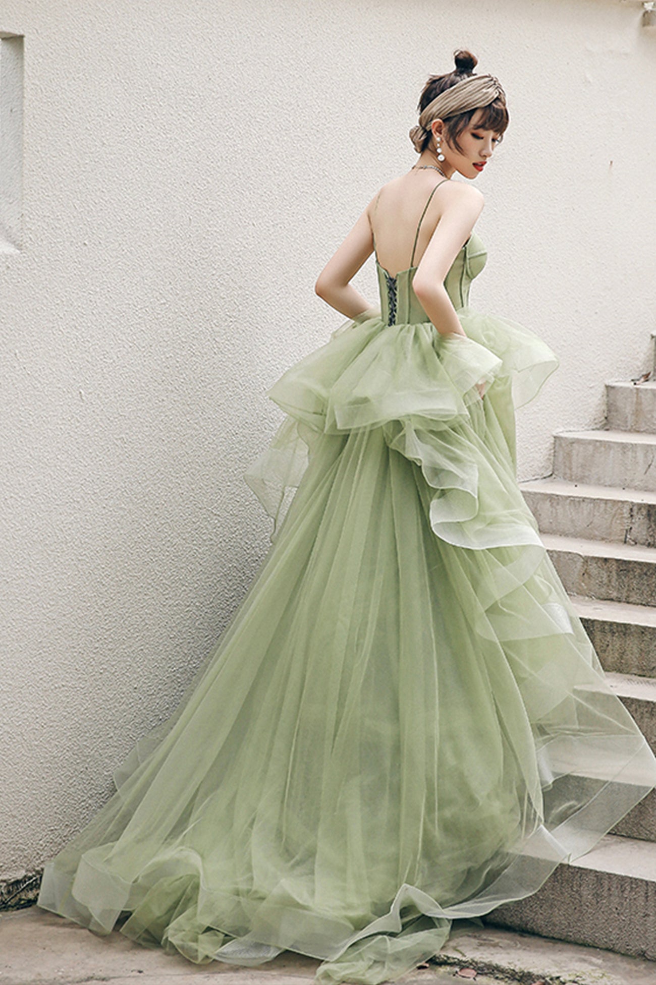 solvbao Green Tulle Long A-Line Evening Dress, Green Spaghetti Straps Prom Dress