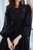 solvbao Black Tulle Long Sleeve Prom Dress, Black A-Line Evening Dress