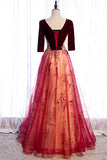 solvbao Burgundy Velvet Tulle Long Prom Dresses, Burgundy 1/2 Sleeve Evening Dresses