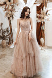 solvbao Lovely Strapless Tulle Sequined Long Prom Dresses, A-Line Evening Party Dresses