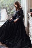 solvbao Black Tulle Long Sleeve Prom Dress, Black A-Line Evening Dress