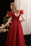 solvbao Burgundy Tulle Sequins Long Prom Dress, A-Line Evening Party Dress