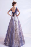 solvbao Purple V-Neck Tulle Sequins Long Prom Dresses, A-Line Evening Dresses