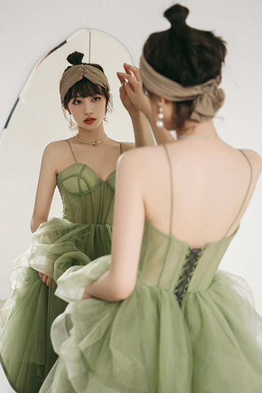 solvbao Green Tulle Long A-Line Evening Dress, Green Spaghetti Straps Prom Dress