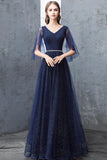 solvbao Blue V-Neck Tulle Long Prom Dresses, A-Line Evening Dresses