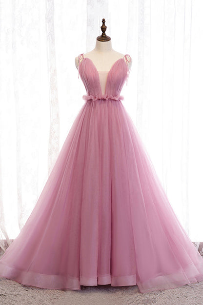 solvbao Pink Tulle Long Prom Dresses, A-Line Evening Party Dresses