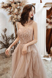 solvbao Lovely Strapless Tulle Sequined Long Prom Dresses, A-Line Evening Party Dresses