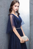 solvbao Blue V-Neck Tulle Long Prom Dresses, A-Line Evening Dresses