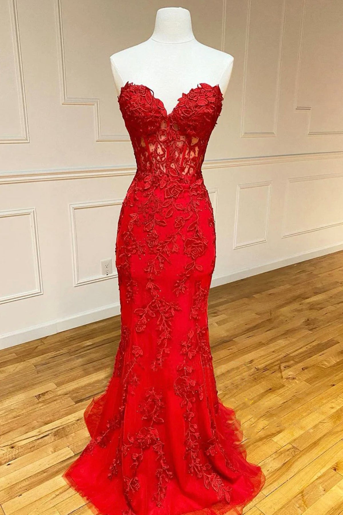 solvbao Red Strapless Lace Long Prom Dress, Mermaid Evening Dress